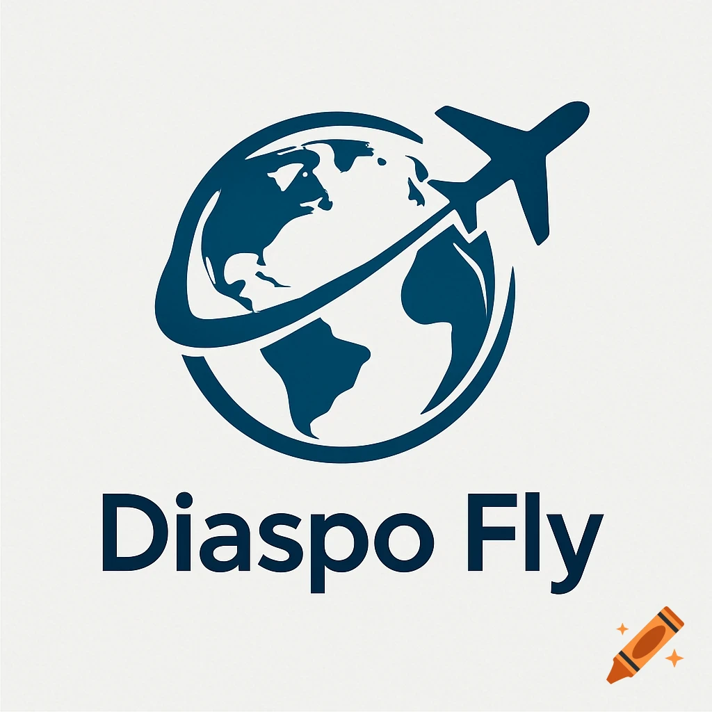 A blue and white logo showing an airplane flying around a globe, with the text "Diaspo Fly" below it.