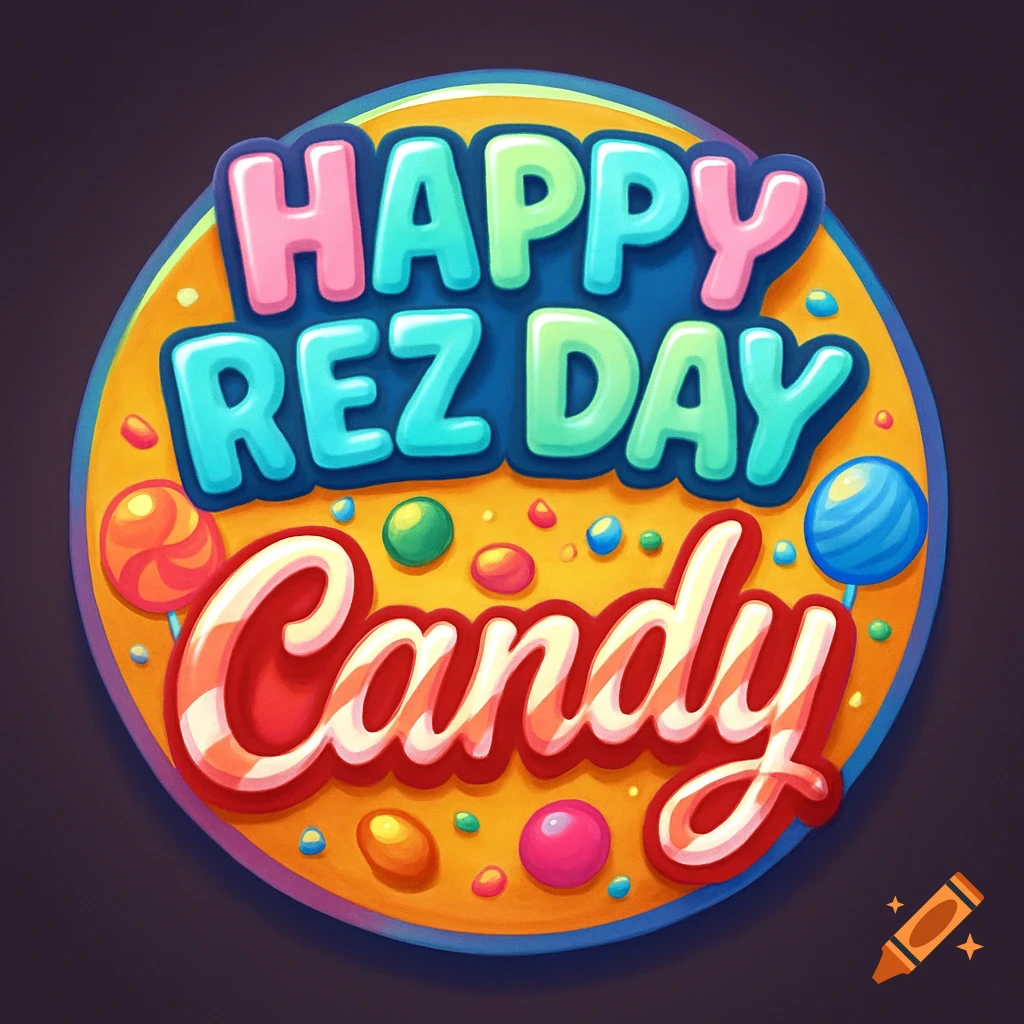 Colorful cartoon logo for 'Happy Rez Day Candy' surrounded by various candies.