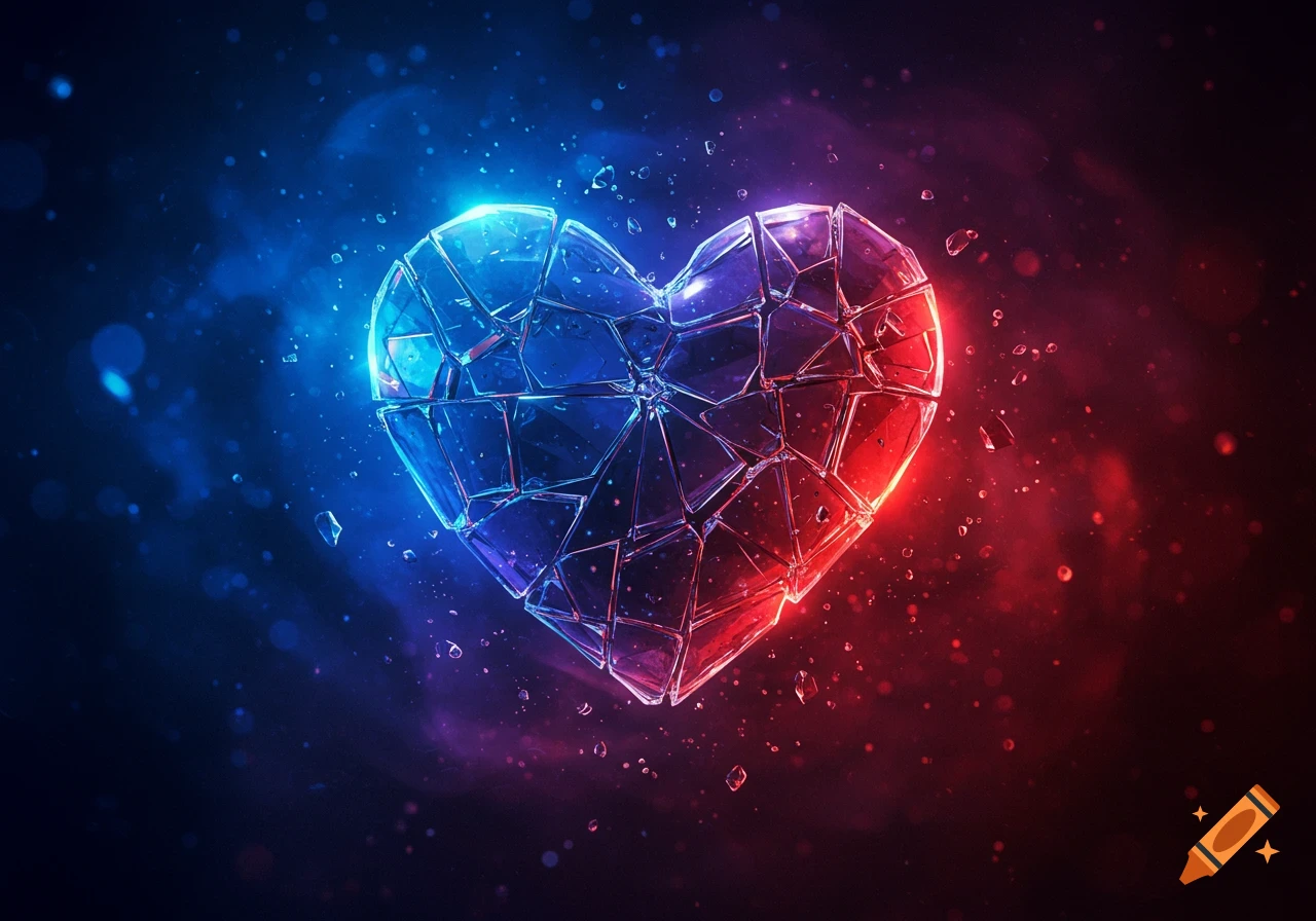 A shattered glass heart glows with vibrant blue and red light against a dark, sparkling background.