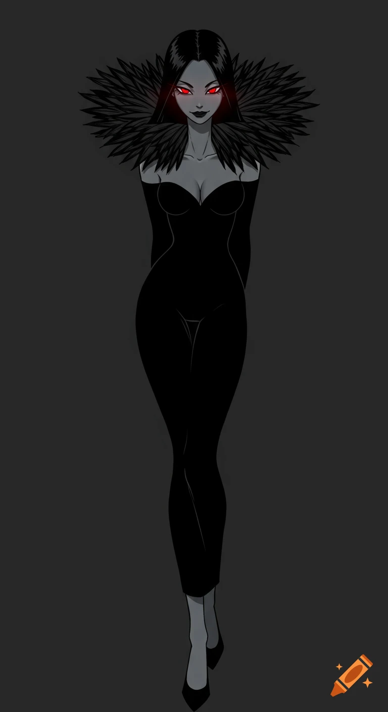 Anime illustration of a grey-skinned woman with red eyes and an evil smirk, wearing a black off-shoulder dress with a feather collar.