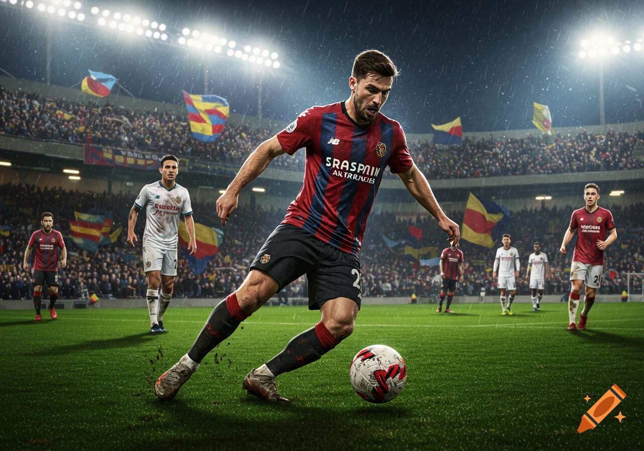 A photorealistic image of a male football player dribbling a ball on a rainy field during a night match in a stadium.