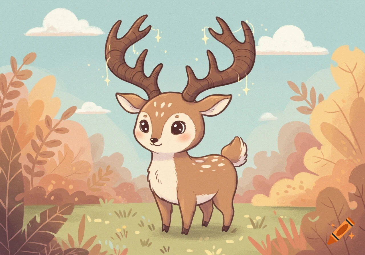 A cute cartoon buck with large antlers stands in an autumnal forest clearing with soft colors.