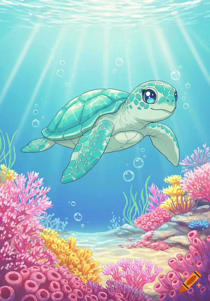 Cute anime sea turtle with big eyes swimming in a vibrant coral reef, with sun rays and bubbles underwater.