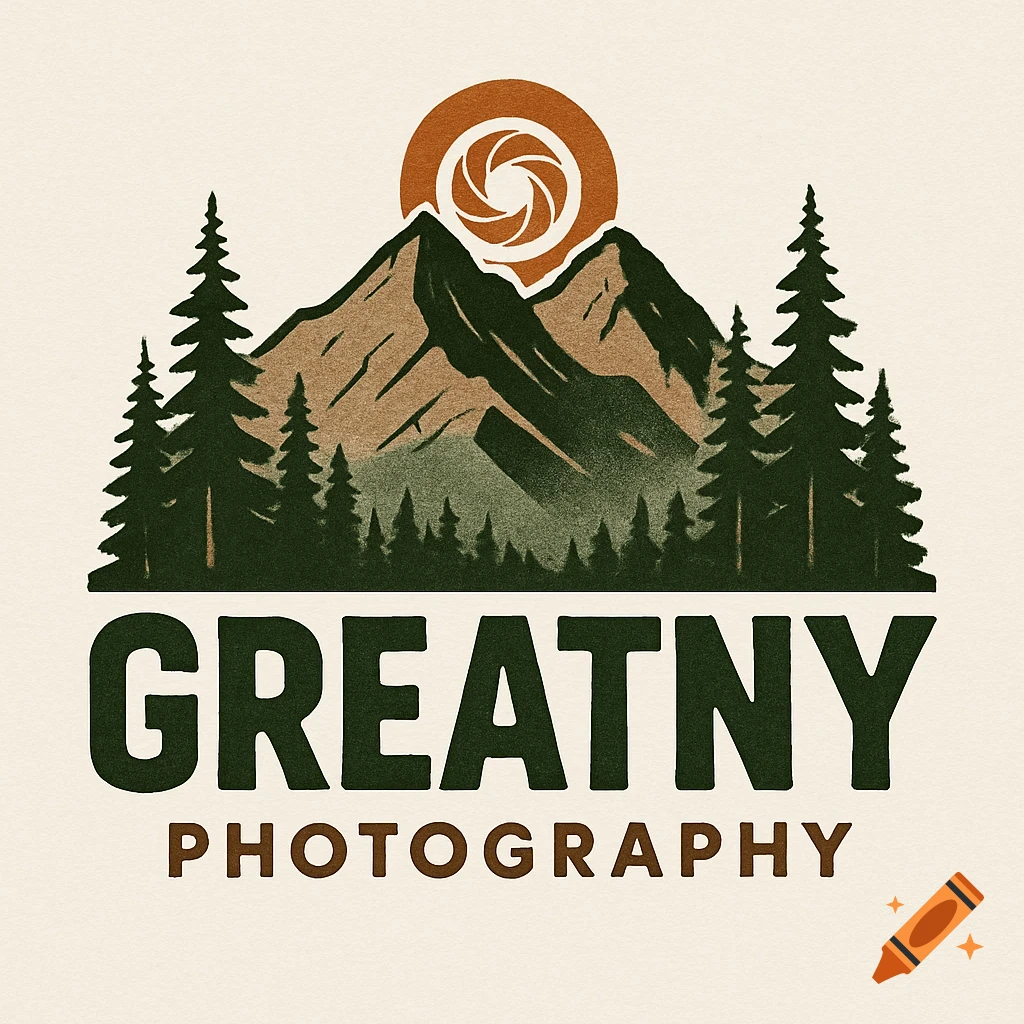 Logo with green mountains and pine trees, an orange sun with a camera aperture, and text 'GREATNY PHOTOGRAPHY'.