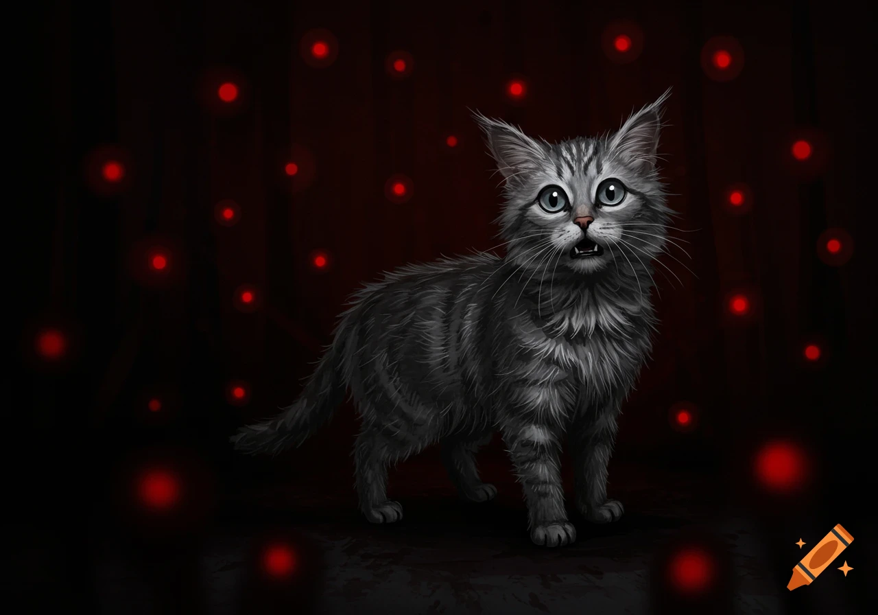 A stylized gray tabby cat with wide blue eyes and an open mouth looks scared in a dark room filled with glowing red dots.