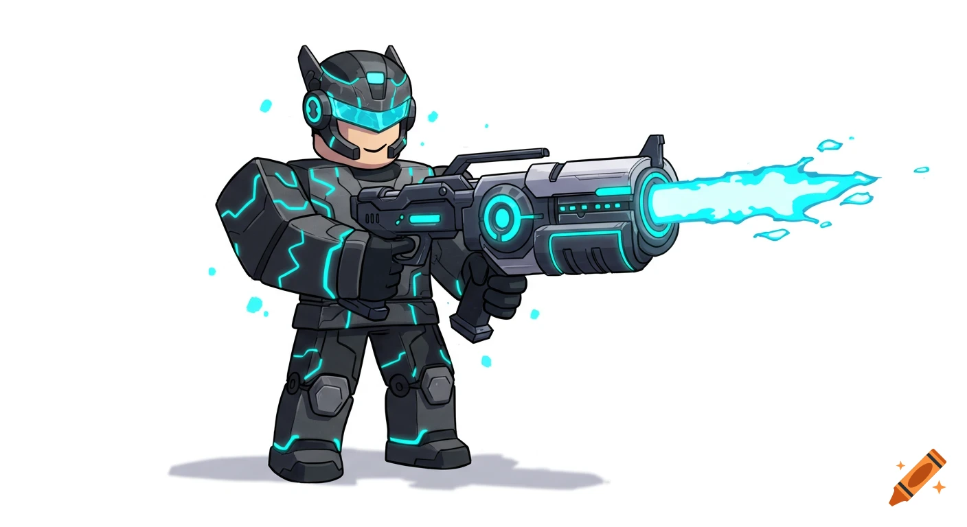 Roblox character in black and blue futuristic armor holding a large energy gun, firing a blue beam on a white background.
