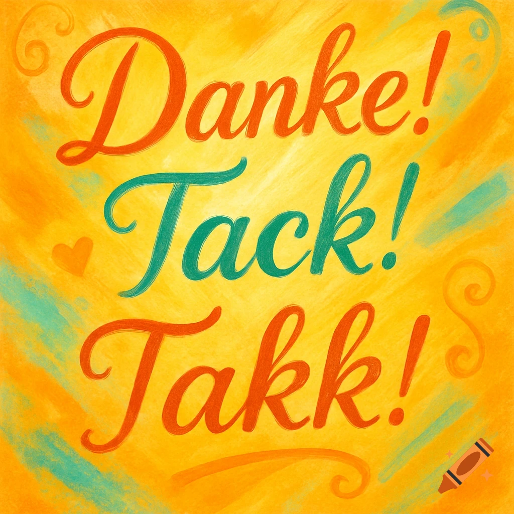 Colorful illustration with 'Danke!', 'Tack!', and 'Takk!' in script fonts on a yellow-orange textured background.