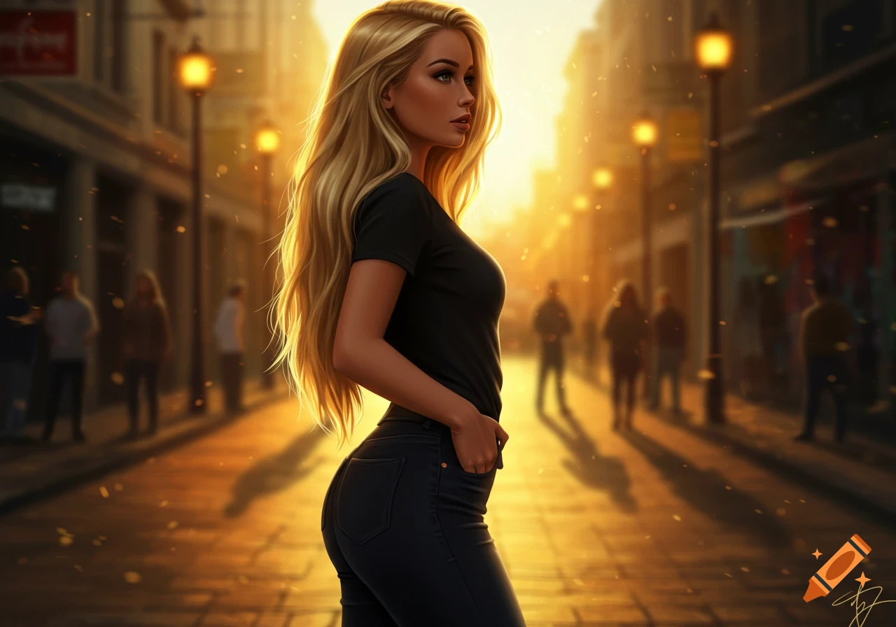 A young woman with long blonde hair, wearing a black t-shirt and dark jeans, stands on a golden-lit city street looking over her shoulder.