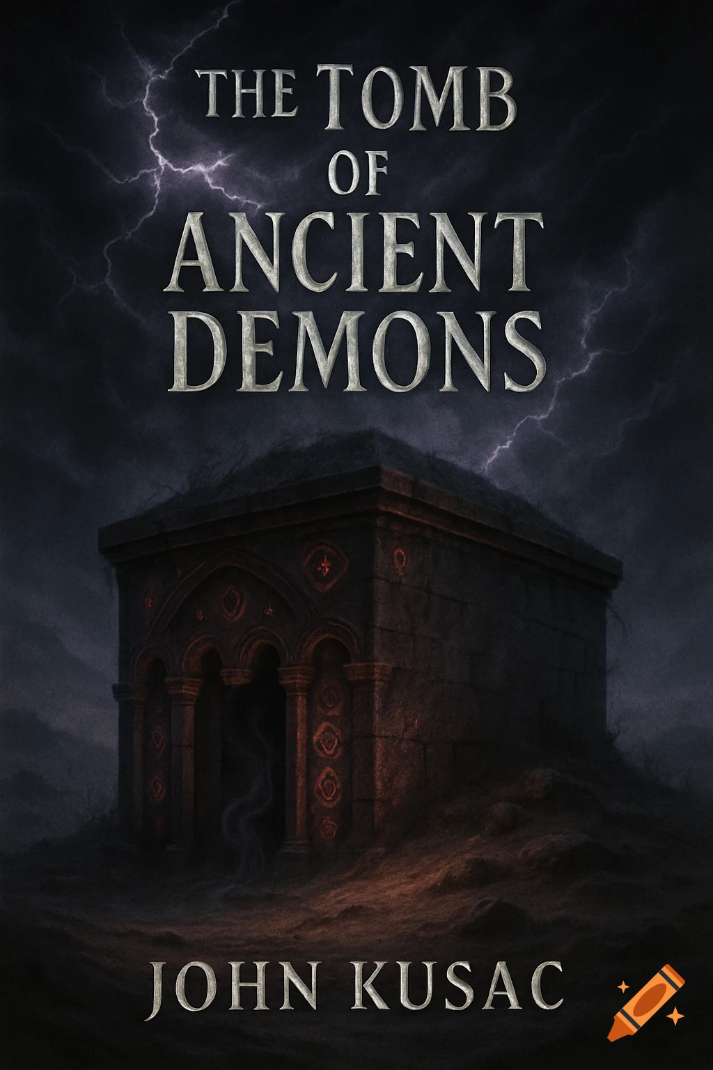 A dark fantasy book cover featuring a stone tomb under a stormy, lightning-filled sky with the title "The Tomb of Ancient Demons" and author "John Kusac".