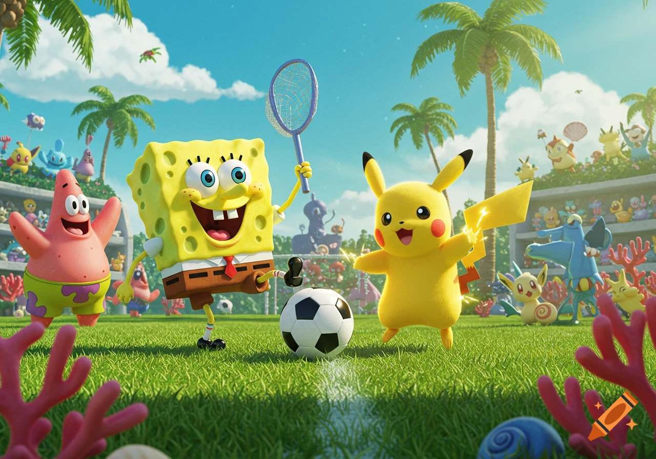 SpongeBob, Patrick, and Pikachu play soccer on a vibrant green field with palm trees and other Pok 00e9mon in the background.