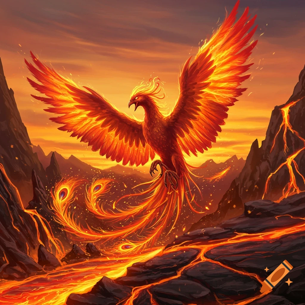 A majestic phoenix with flaming wings and tail soars above a fiery volcanic landscape at sunset, detailed digital art.
