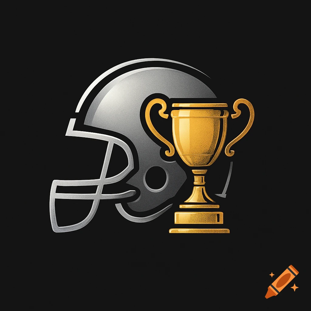 A stylized logo featuring a grey football helmet with a golden trophy beside it, on a black background.