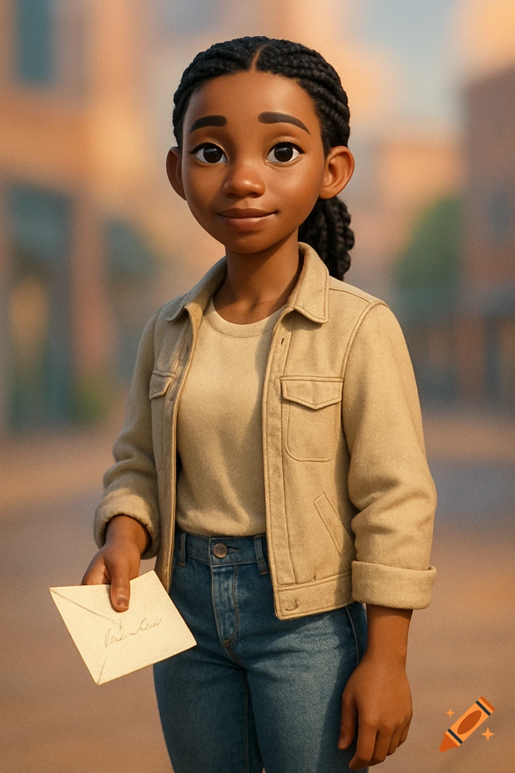 A young Black woman in Pixar animation style, with braided hair, wearing jeans and a jacket, holding a letter.