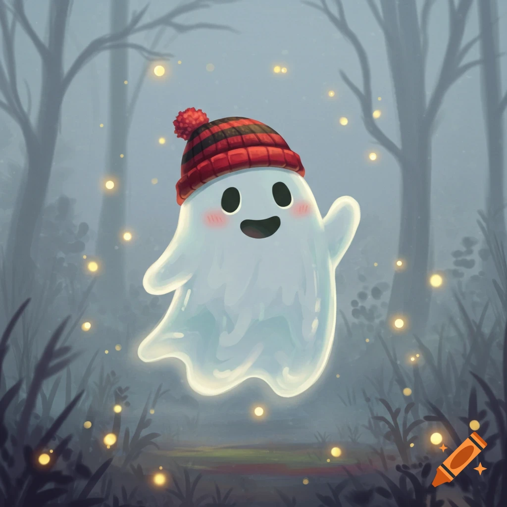 A cute, happy ghost wearing a red and black beanie floats in a misty forest with glowing fireflies, illustration style.
