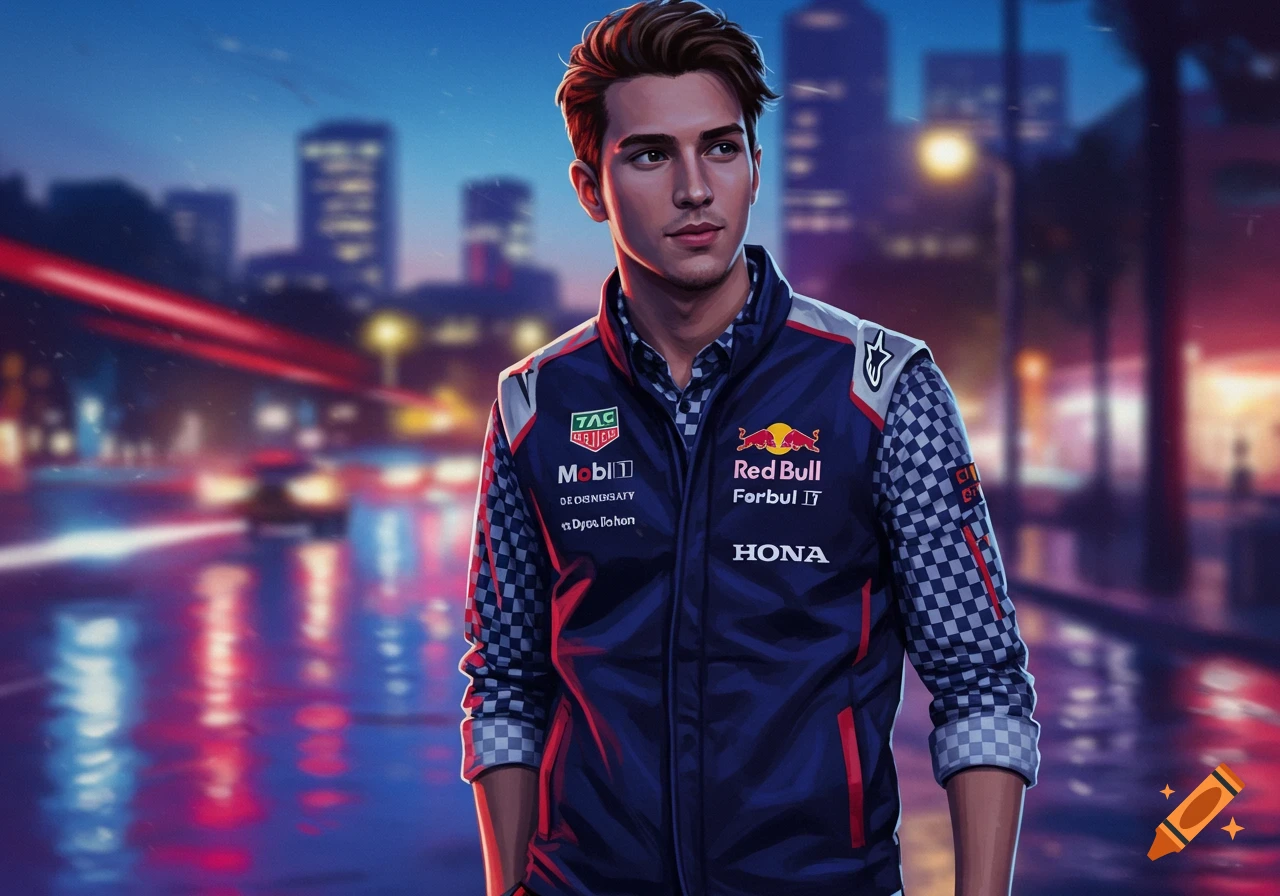 A stylized digital art portrait of a young man wearing a dark blue racing vest with various logos over a checkered shirt, standing in a blurry city street at night.