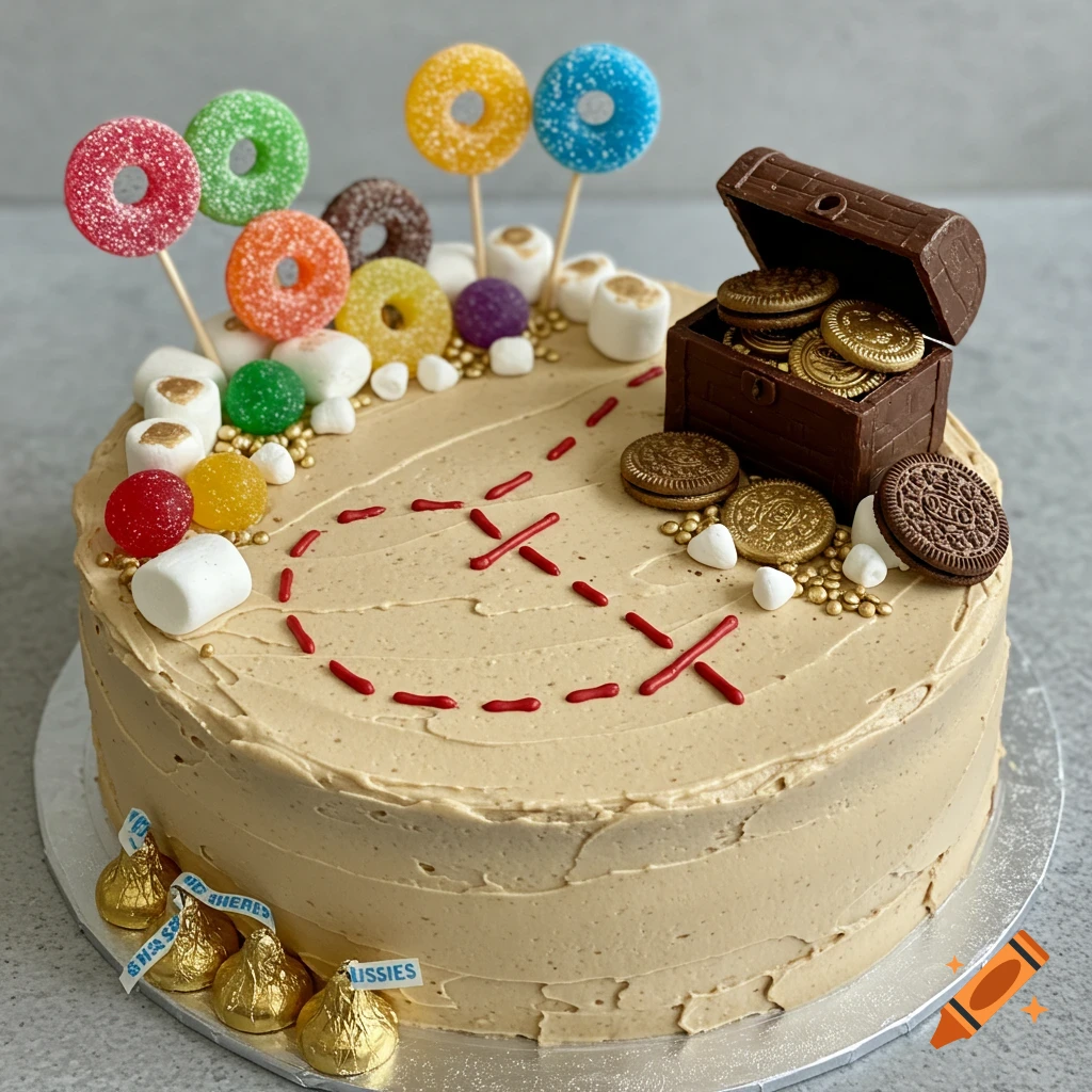 A pirate-themed cake with tan frosting, a red dotted treasure map, a chocolate treasure chest with gold coin cookies, and colorful candies.
