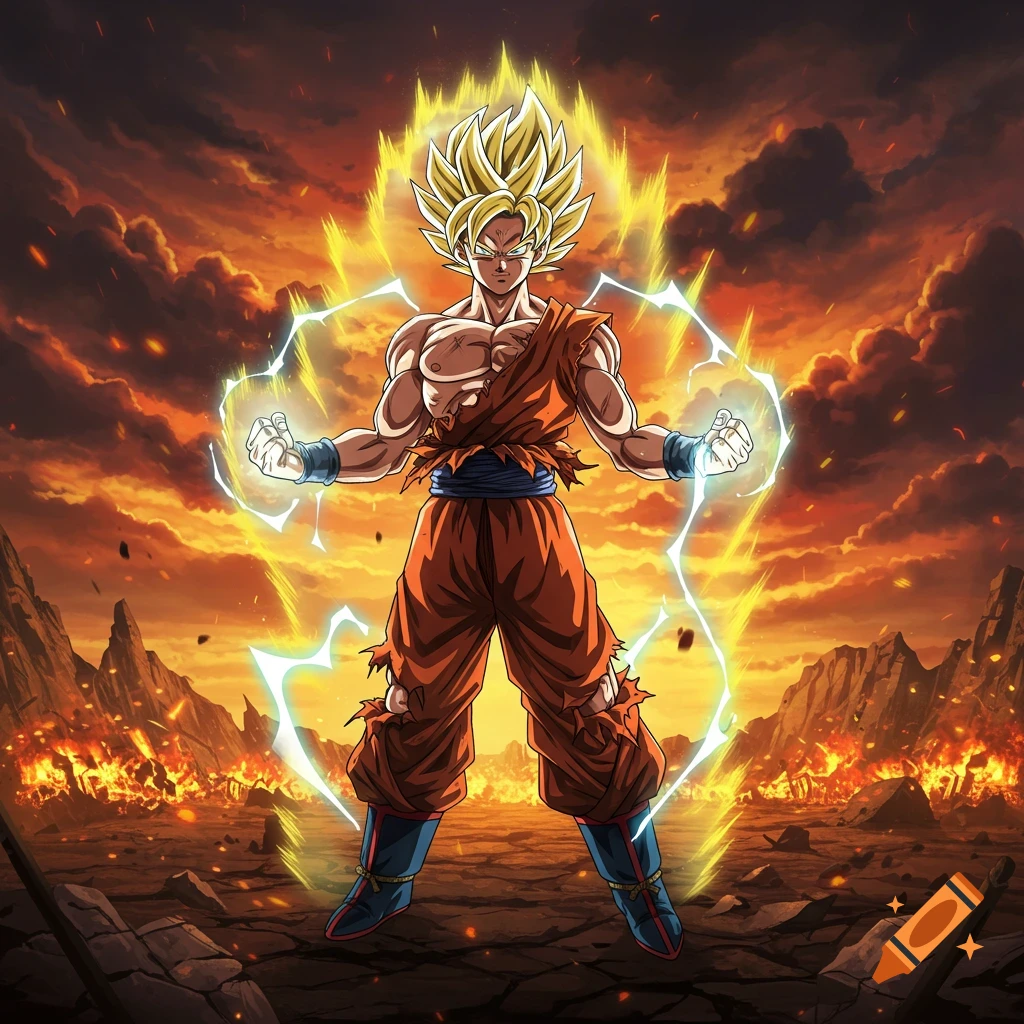 Goku in Super Saiyan form, engulfed in golden energy and lightning, stands heroically amidst a fiery, destroyed landscape.