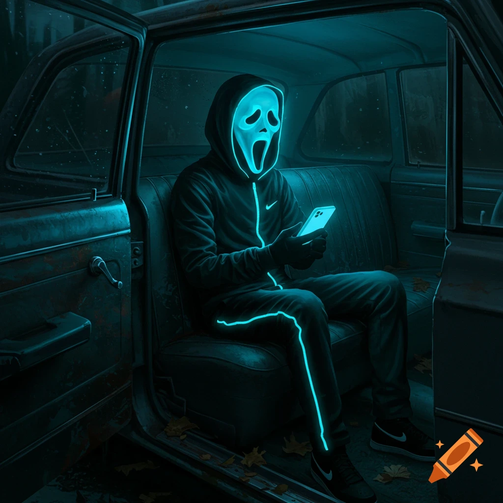 A person in a glowing blue Ghostface mask and Nike tracksuit sits in the back of a dark car, looking at a glowing phone.