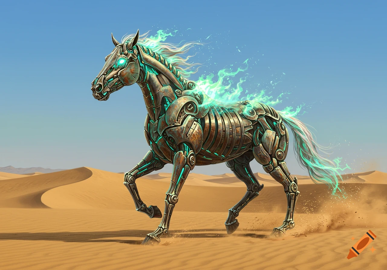 A detailed, glowing steampunk-style horse made of scrap metal and bone gallops through a sunny desert with sand dunes.
