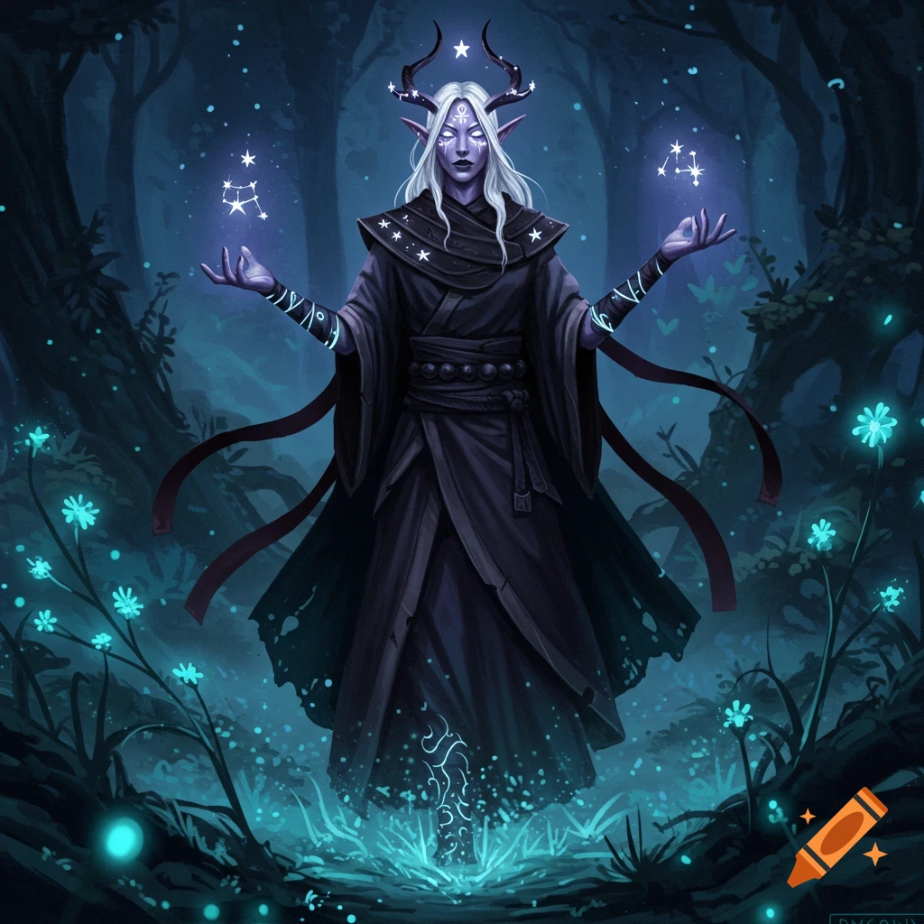 An elf-like monk with white hair and horns in dark robes conjures glowing stars in a dark, magical forest with bioluminescent plants. Fantasy.