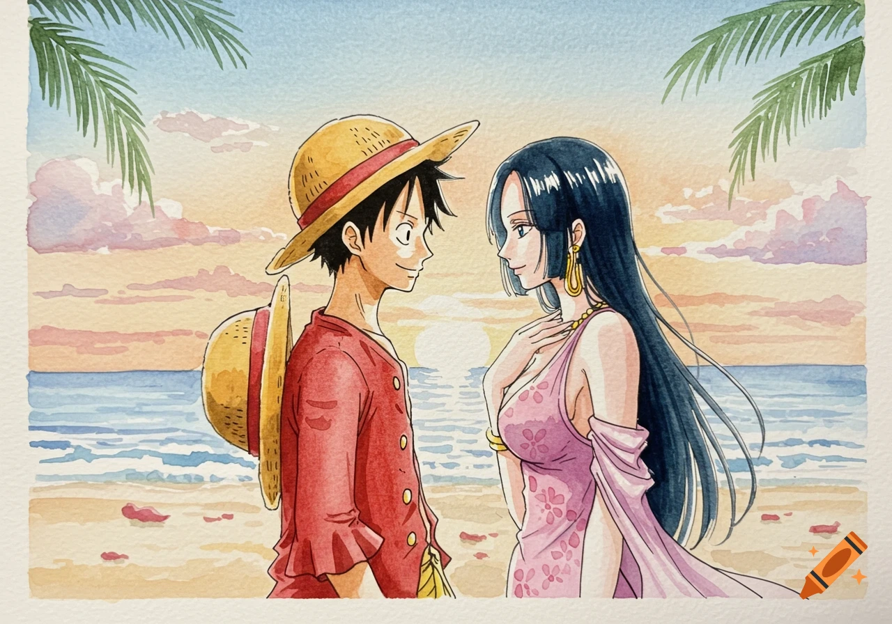 Watercolor painting of anime characters Luffy and Hancock looking at each other on a beach at sunset.