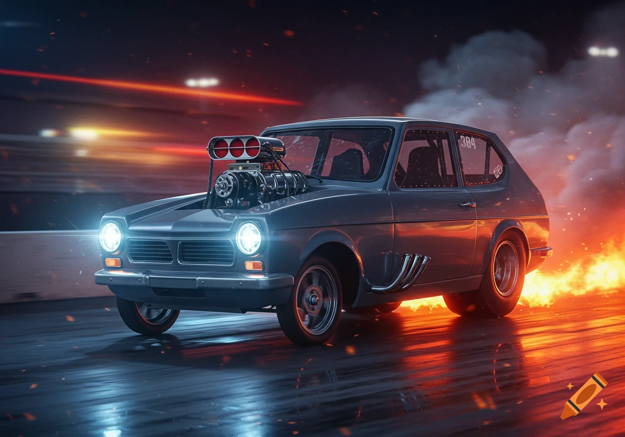 A grey drag racing car with a large engine blower and side exhaust pipes speeds down a wet track, trailing fire and smoke. Photorealistic style.