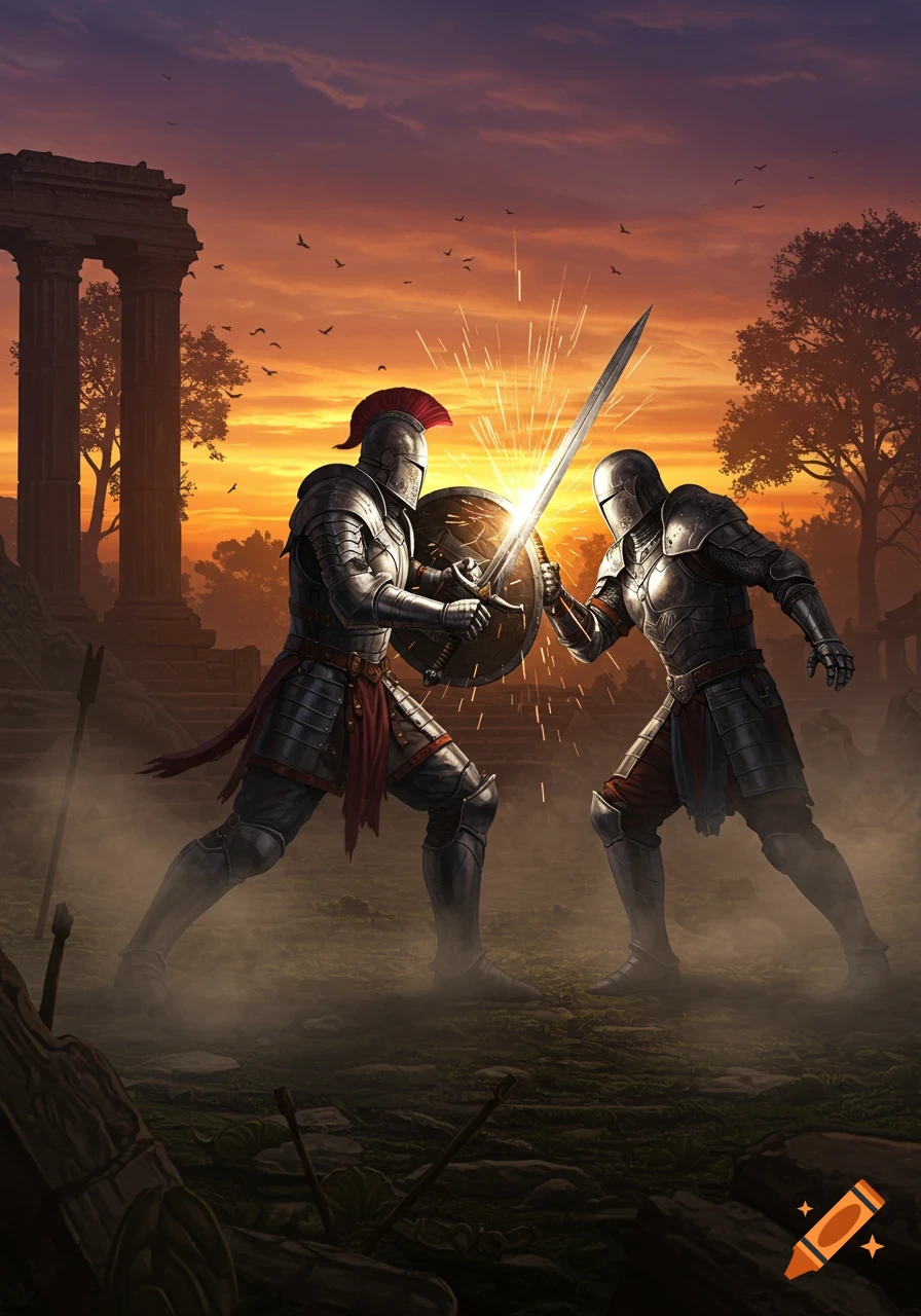 Two knights in full armor clash swords, creating sparks, against a vibrant sunset backdrop with ancient ruins and trees.