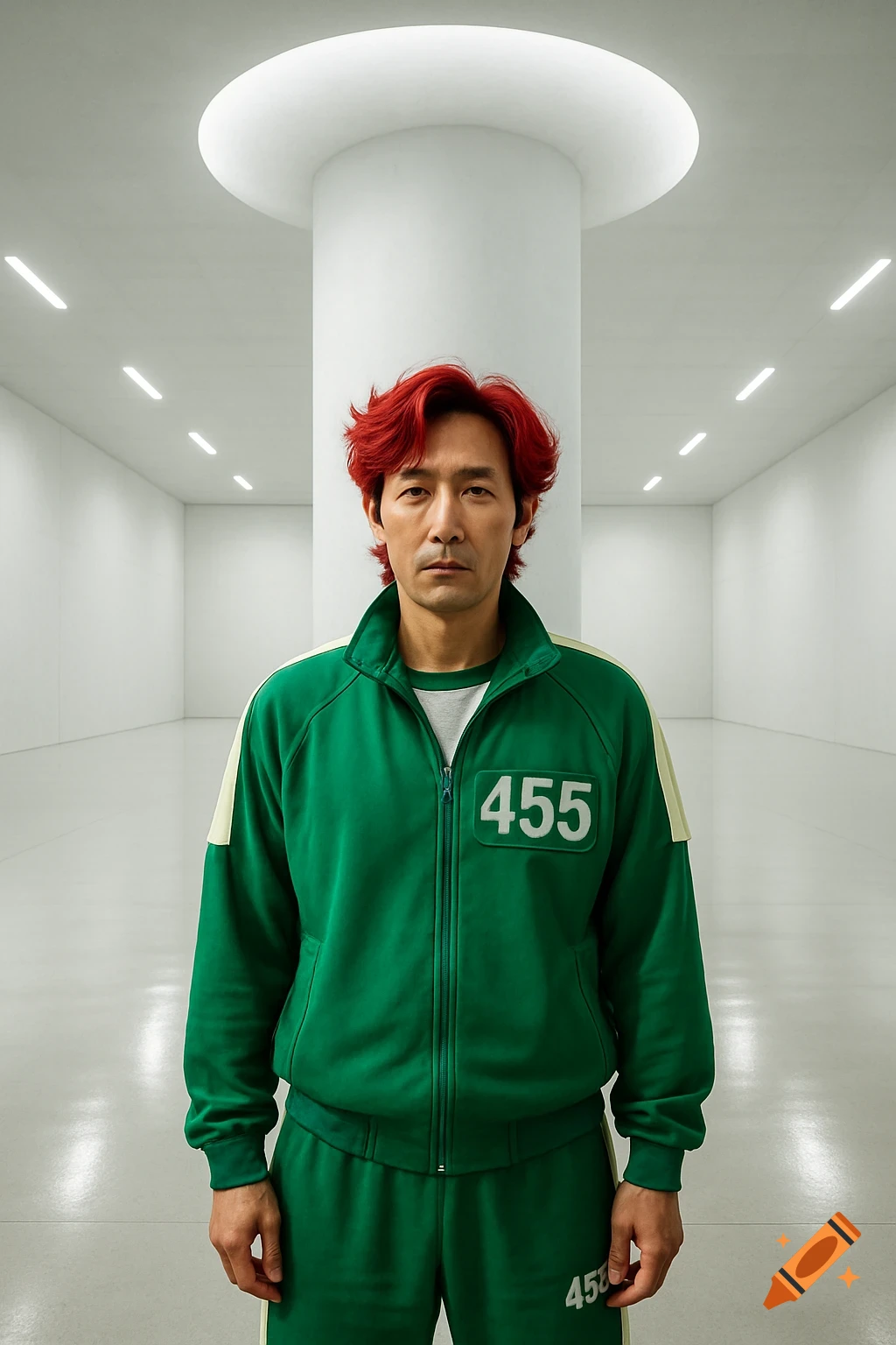 A man with red hair wearing a green tracksuit with the number 455 on his chest stands in a minimalist white room.