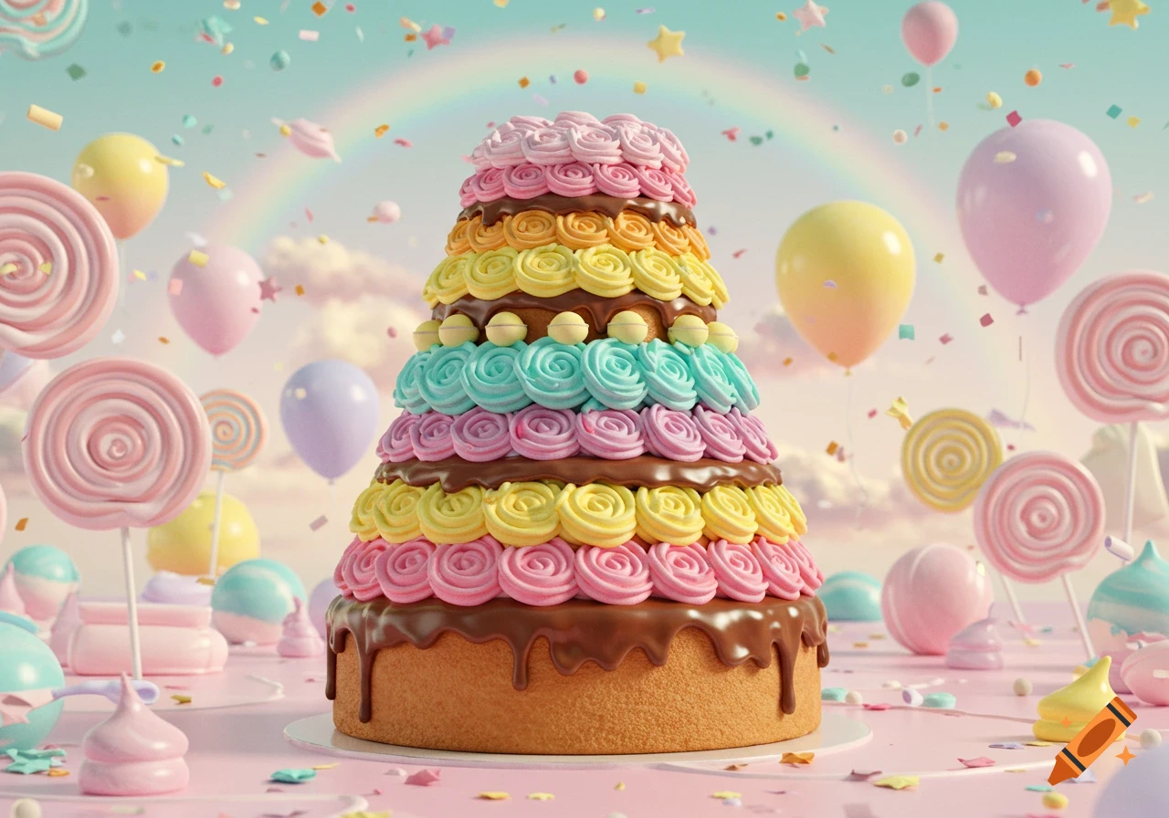A whimsical, tall cake with multi-colored frosting rosettes and chocolate drizzle, surrounded by lollipops, balloons, and confetti under a rainbow sky.