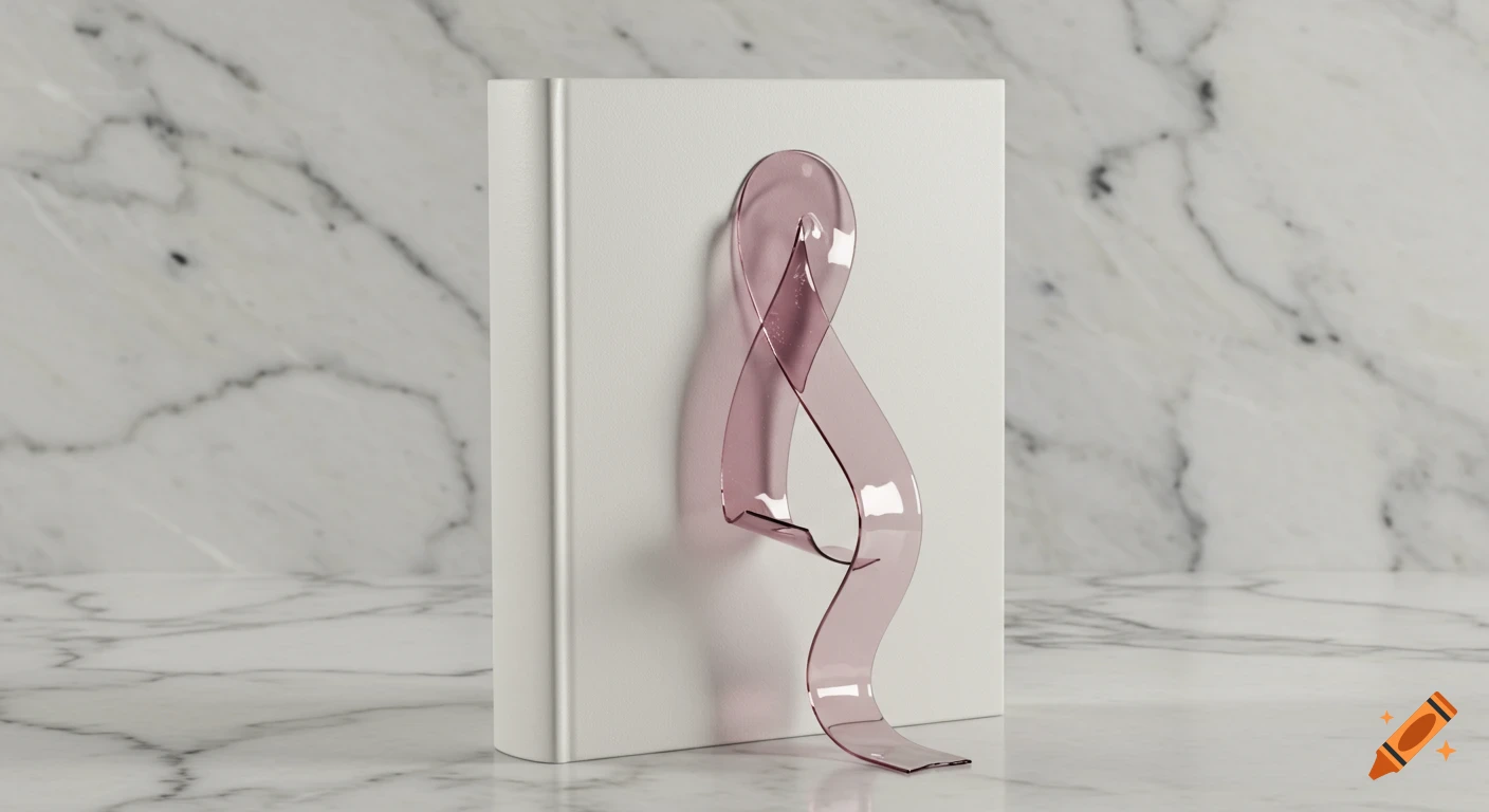A white book stands upright on a white marble surface, with a translucent pink glass ribbon leaning against its cover.