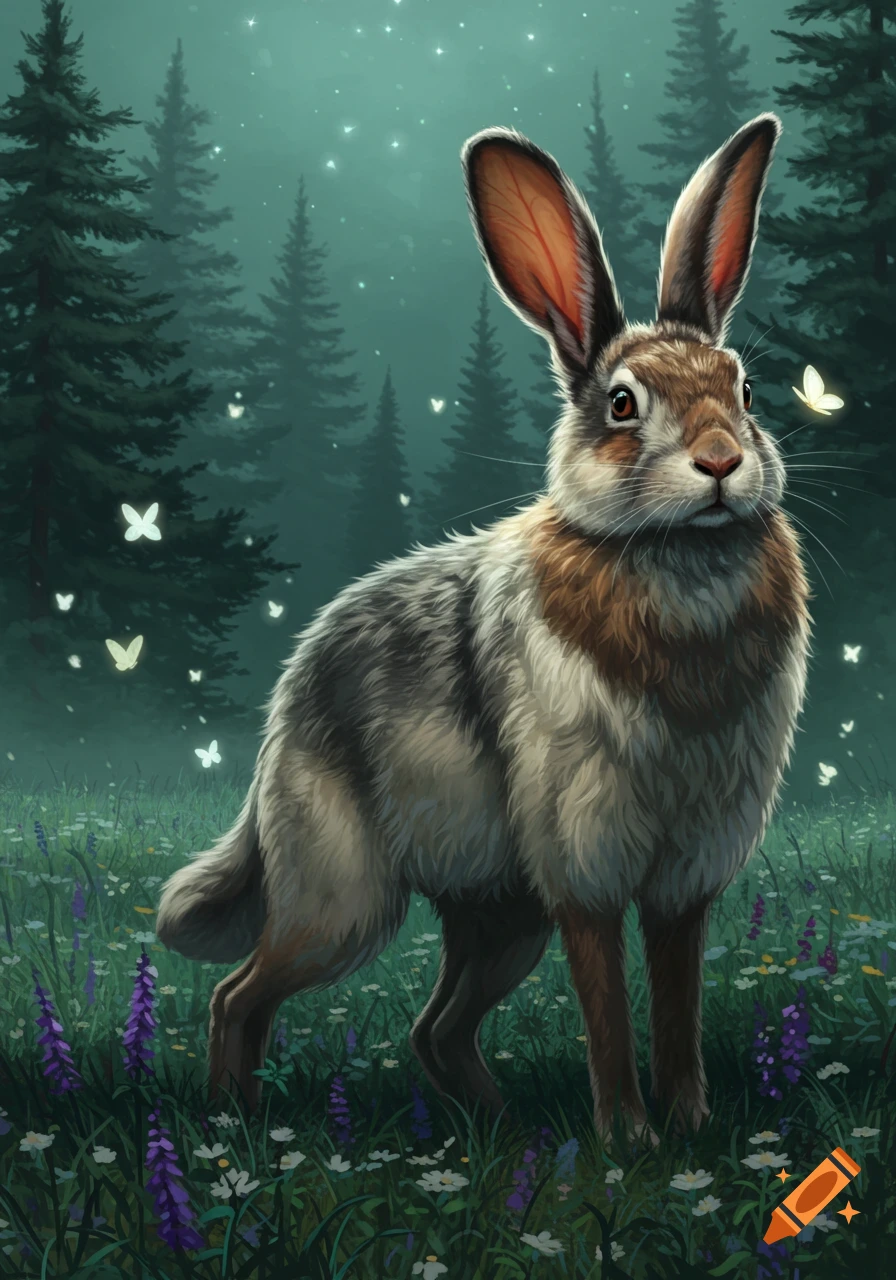 A fantastical rabbit-like creature with brown and white fur stands in a glowing, enchanted forest at night, surrounded by wildflowers and luminous butterflies.