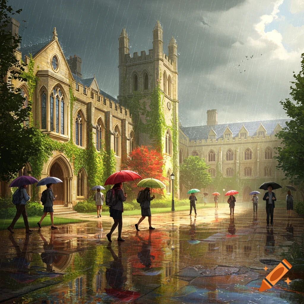 People walk with colorful umbrellas through a rainy university courtyard with gothic architecture and reflective puddles.