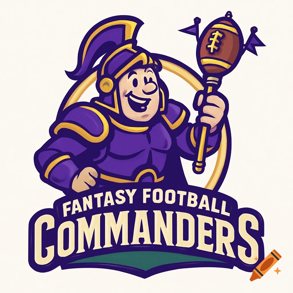 Cartoon logo of a purple and gold armored knight holding a football scepter, with 'Fantasy Football Commanders' text.