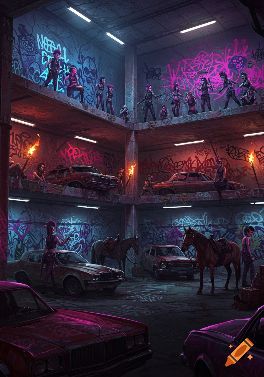 A multi-level, graffiti-covered parking lot at night, illuminated by fluorescent lights and torches. Punk figures, abandoned cars, and saddled horses fill the scene.
