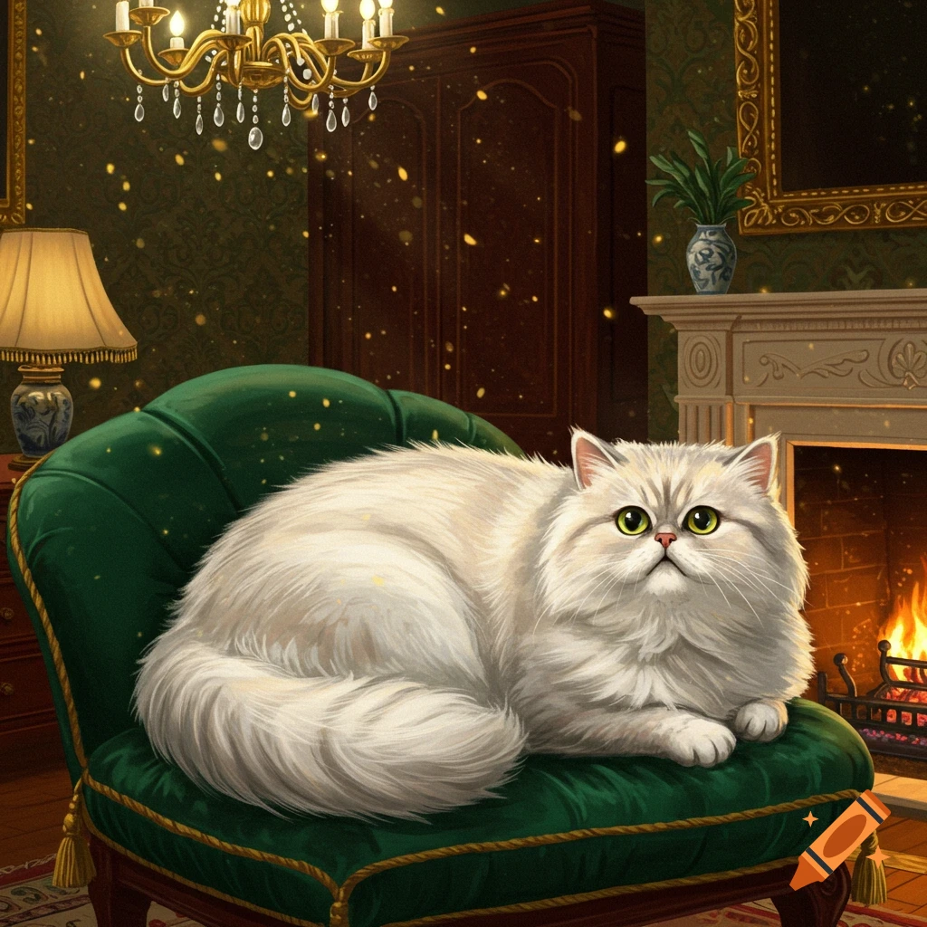 A fluffy white cat with green eyes rests on a green velvet armchair in a cozy, illustrated room with a fireplace and chandelier.