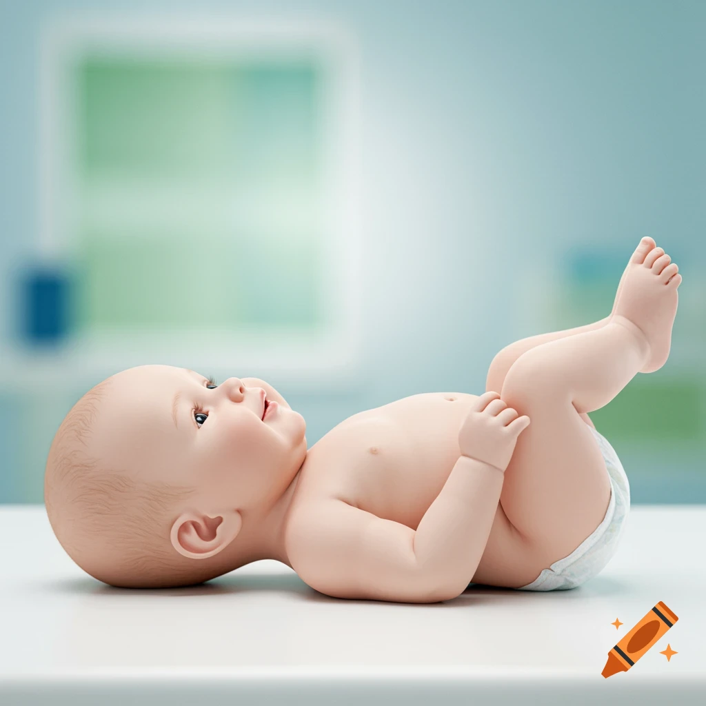 A happy baby lying on its back, wearing a diaper, in a bright, clean setting. Photorealistic style.