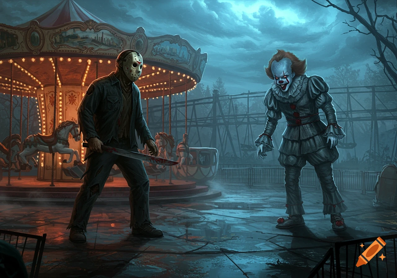 Jason Voorhees with a bloody machete confronts Pennywise in a dark, abandoned carnival at night, with a carousel behind them.
