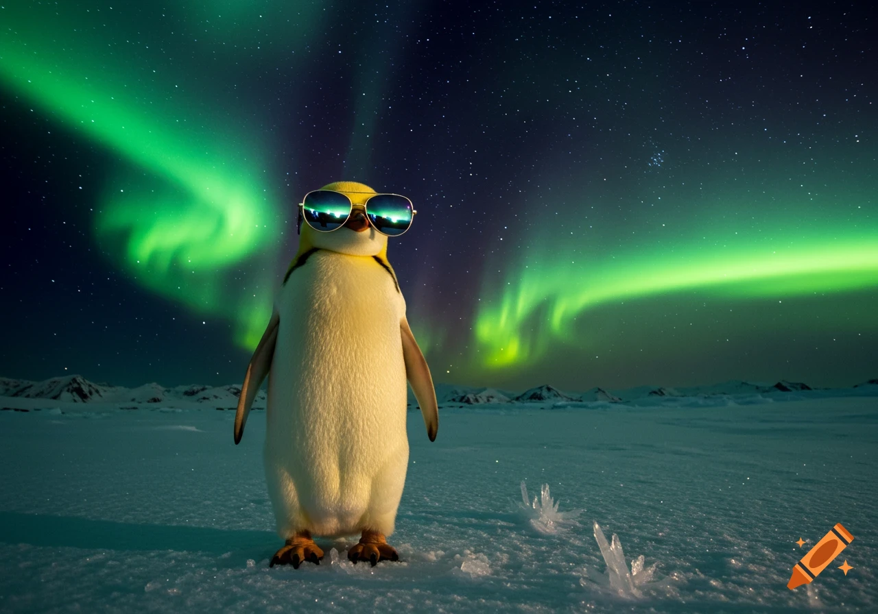 A cartoonish yellow penguin wearing aviator sunglasses stands on ice under a vibrant green aurora borealis and starry night sky.