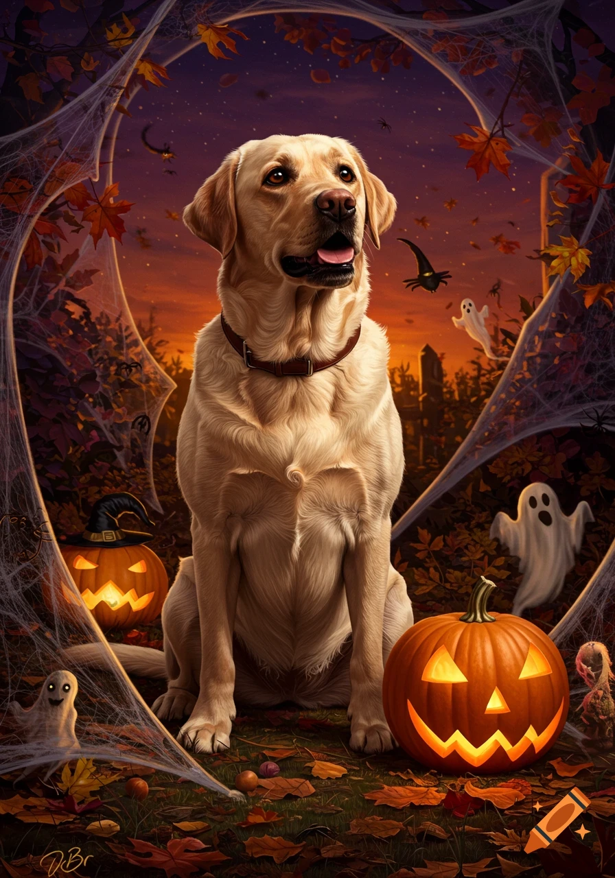 A yellow Labrador dog sits among glowing jack-o'-lanterns, ghosts, and spiderwebs under a twilight Halloween sky, stylized art.