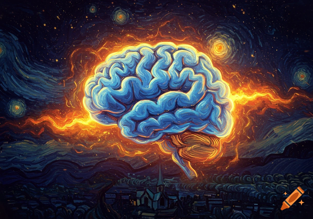 A vibrant blue brain glows with orange energy in a Van Gogh-style starry night sky above a dark town.