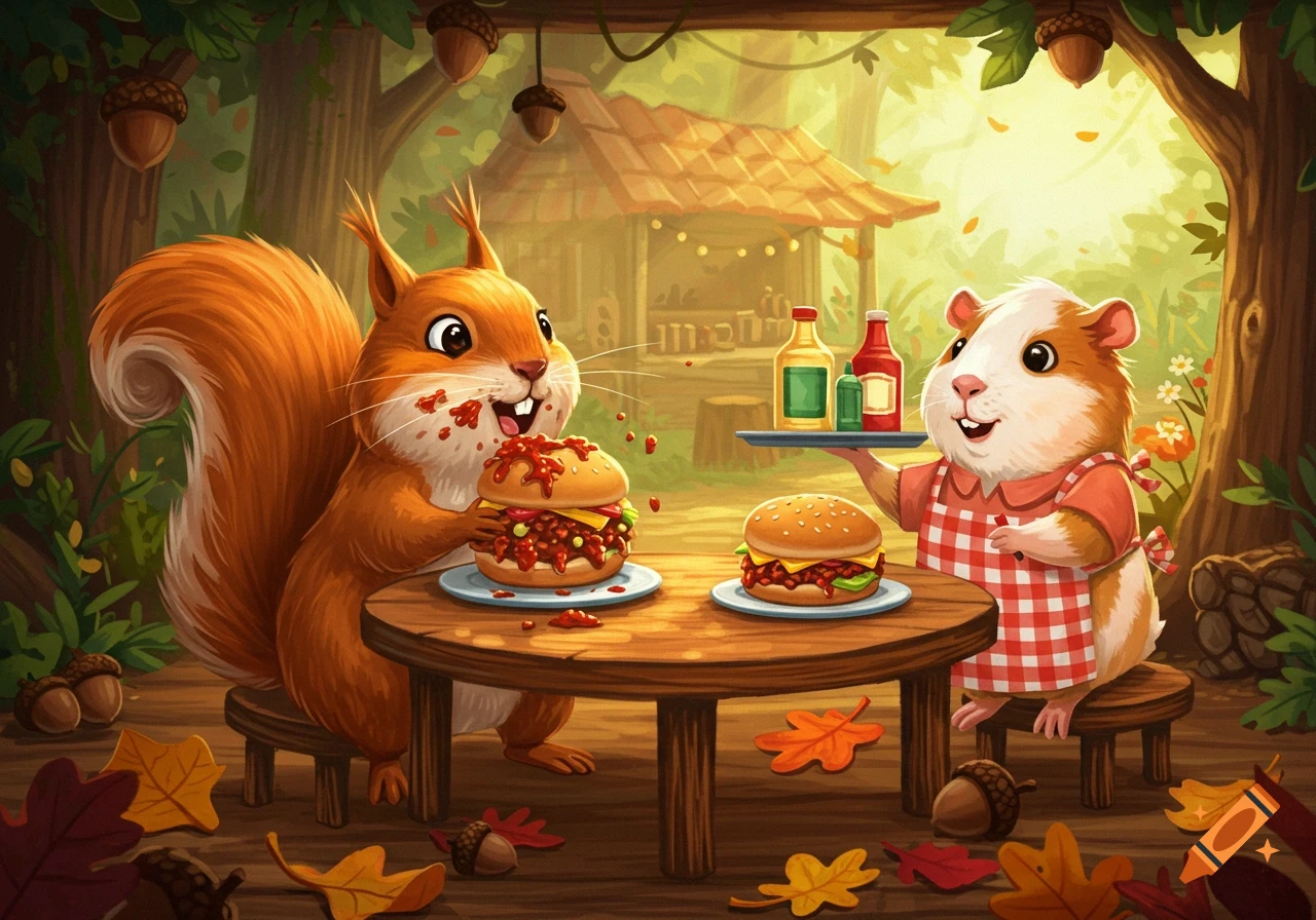 A cartoon squirrel messily eats a sloppy joe as a guinea pig in an apron serves another burger in a whimsical forest setting with autumn leaves.