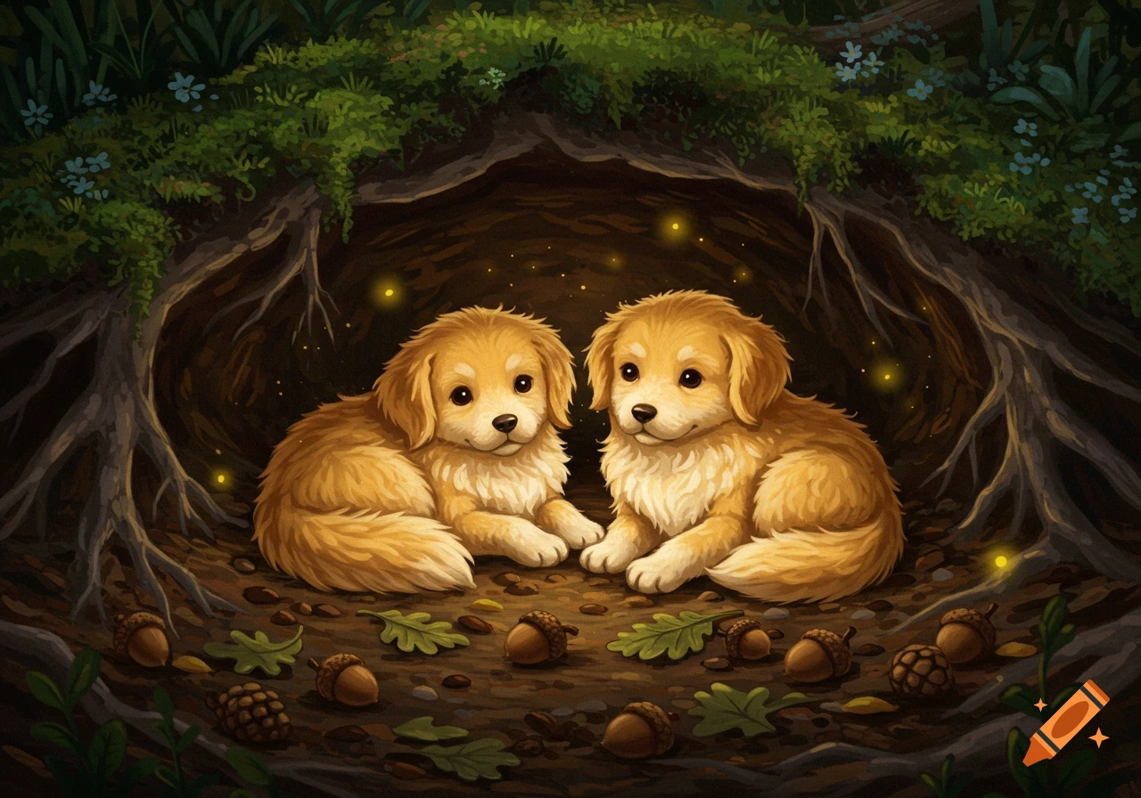 Illustration of two cute golden puppies sitting under tree roots with leaves, acorns, and glowing fireflies.