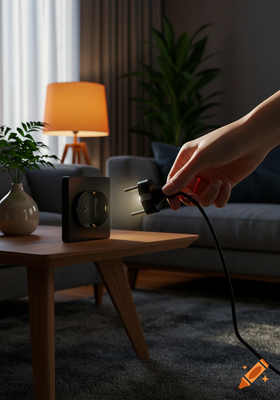 A close-up, photorealistic image of a hand connecting a glowing black electrical plug into a wall outlet on a wooden coffee table in a modern living room.