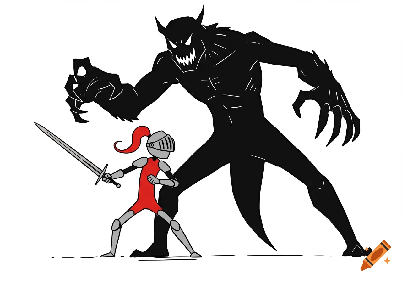 A cartoon knight in red armor and helmet wields a sword against a towering black monster with glowing eyes and sharp claws.