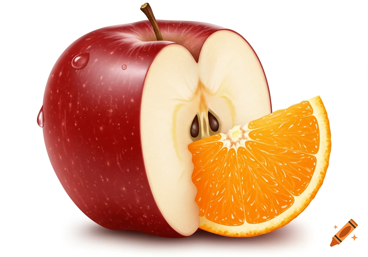 A vibrant red apple is cut open, revealing a bright orange segment inside instead of apple flesh, on a white background.