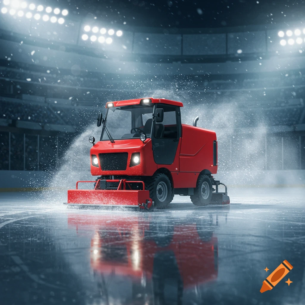 A red Zamboni machine resurfaces an ice hockey rink, with water spraying from its back under bright stadium lights.
