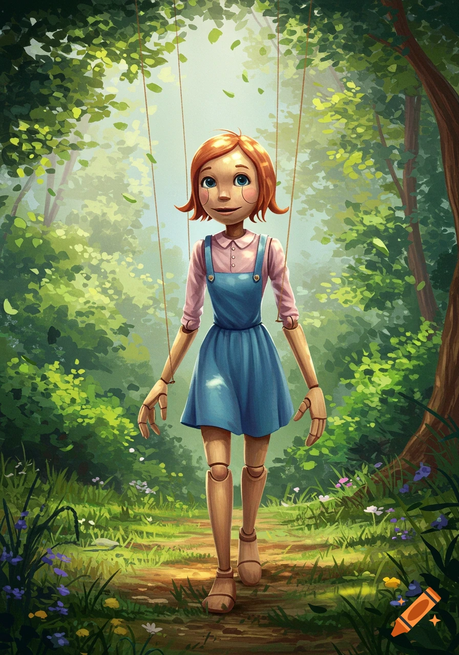 A red-haired marionette girl in a blue dress and pink shirt walks on a path through a lush, green forest.