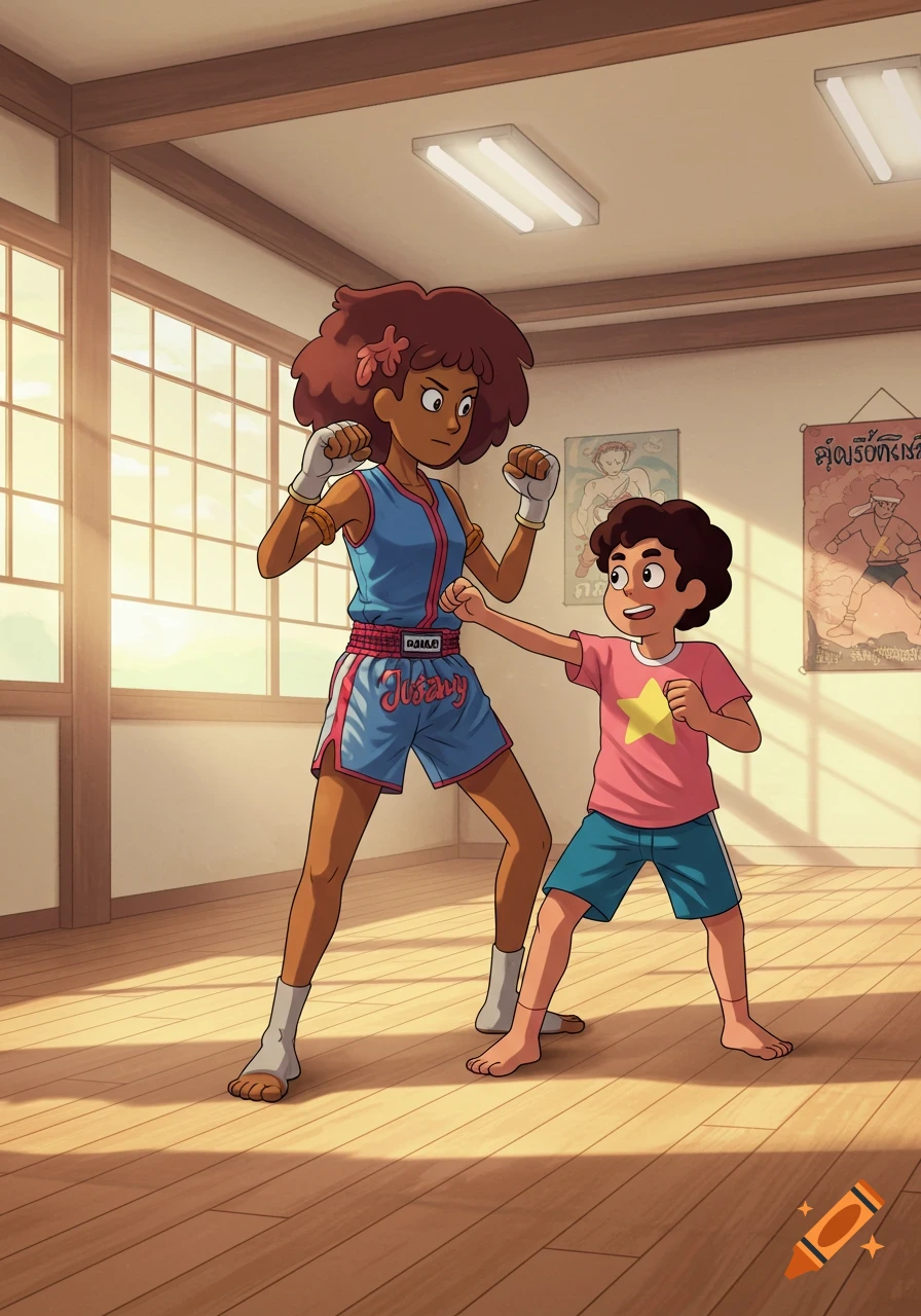 Cartoon characters Anne Boonchuy and Steven Universe practice Muay Thai in a dojo.