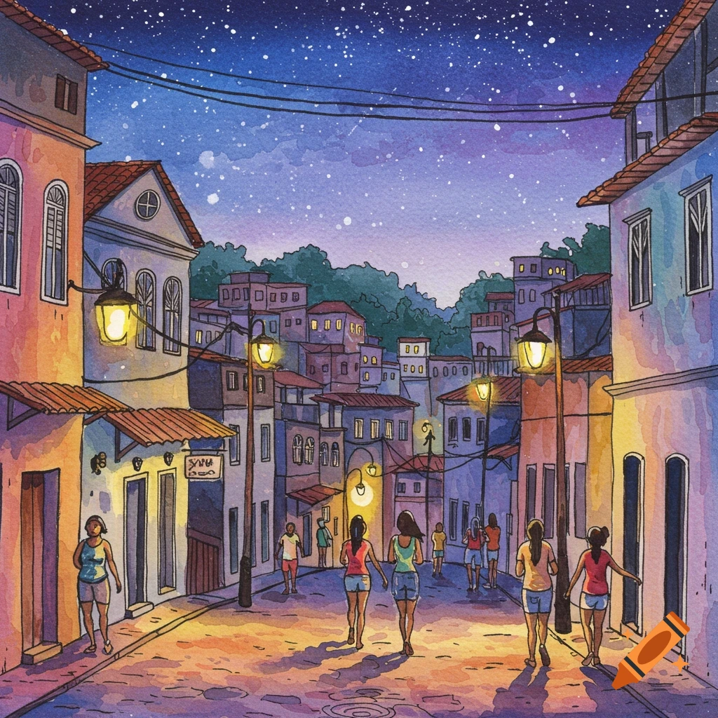 Whimsical watercolor painting of a vibrant favela street at twilight with people, colorful buildings, and glowing streetlights under a starry sky.