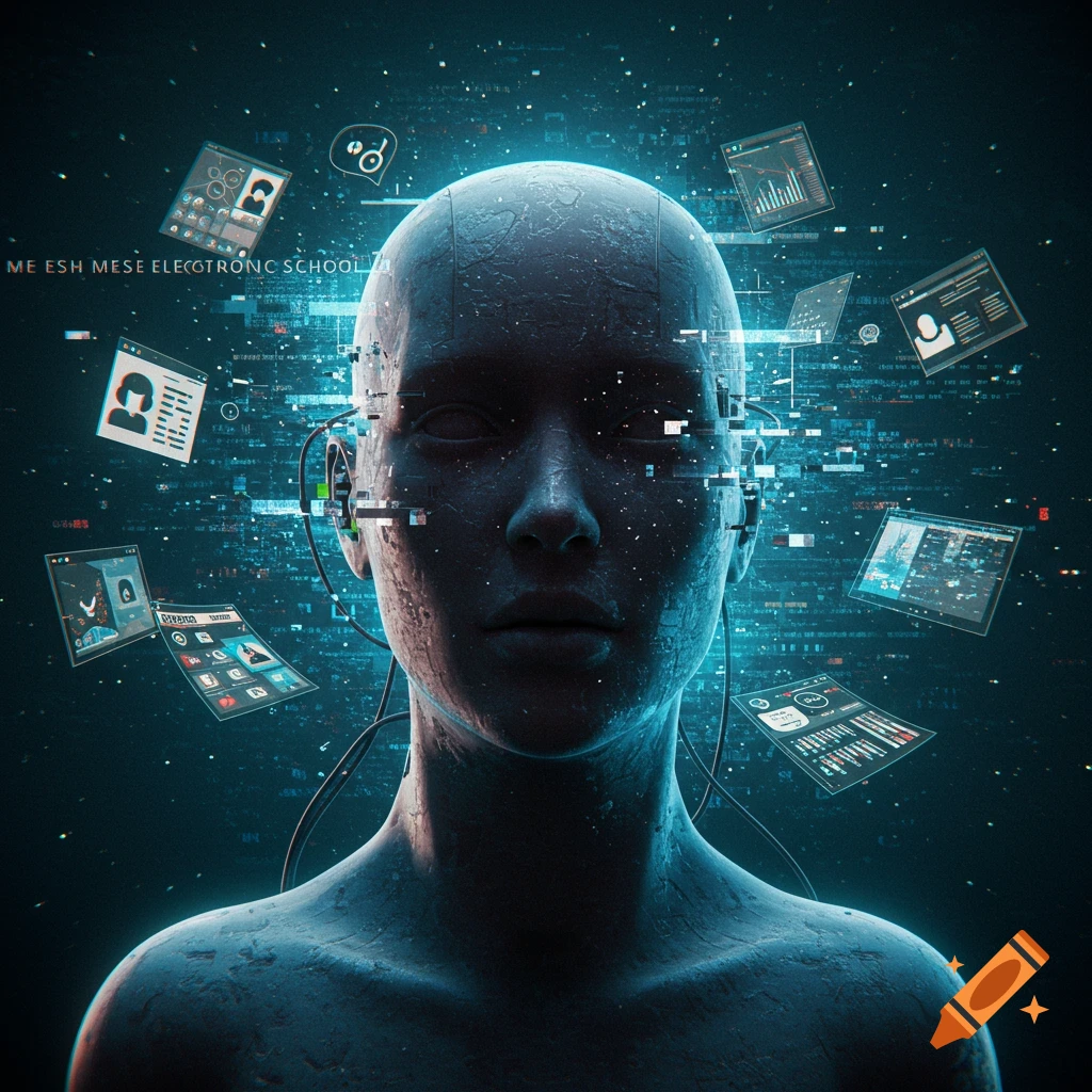 A dark, futuristic image of a human-like head, partially glitching and dissolving into a digital data stream. Screens with various digital elements float around it, representing information overload and processing difficulties within an electronic school system, all against a dark blue background with glowing pixels.